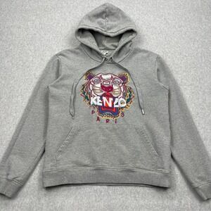 Kenzo Paris Hoodie Mens Medium Gray Tiger Embroidered Fleece Pullover Sweatshirt